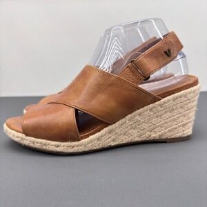 Vionic Zamar Tan Leather Espadrille Wedge Sandals Womens Size 9